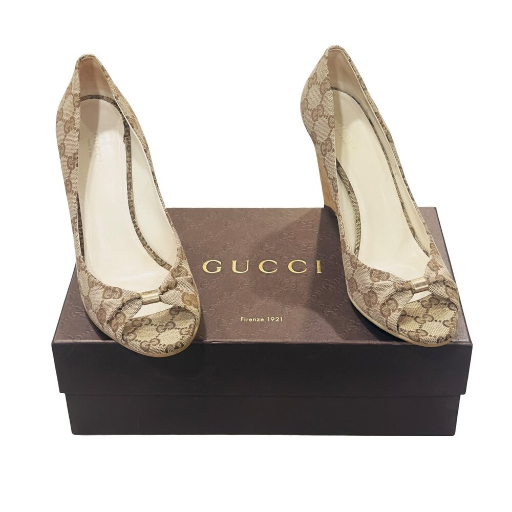Gucci Monogram Peep-Toe Wedges - LIMITED RELEASE - Original Box Included - Picture 2 of 16